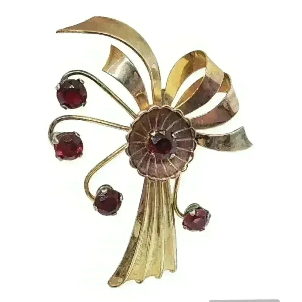 Rare Vintage Harry Iskin 12k Gold Filled Cherry Red Rhinestone Flower Brooch 40s